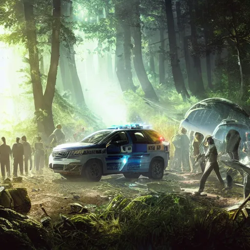 Image similar to a [ team of scientists, police officers, and news reporters ] surround a crashed ufo in the [ middle of a forest ]!!, [ digital art ]!!, trending on cgsociety, 4 k quality, illustrated by greg rutkowski, mary anning, peder balke, balthus, and gaston bussiere