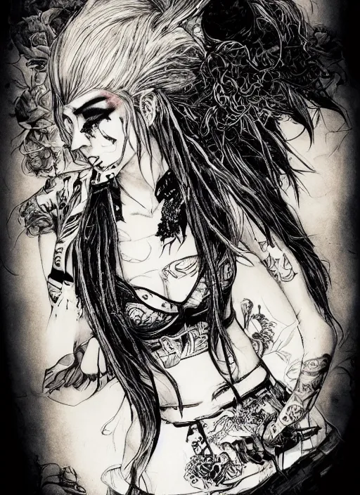 Prompt: portrait, punk rock alice in wonderland, fishnets, tattoos, piercings, watercolor, dramatic lighting, cinematic, establishing shot, extremly high detail, foto realistic, cinematic lighting, pen and ink, intricate line drawings, by Yoshitaka Amano, Ruan Jia, Kentaro Miura, Artgerm, post processed, concept art, artstation, matte painting, style by eddie mendoza, raphael lacoste, alex ross