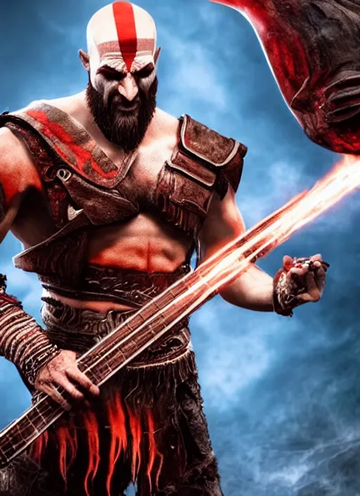 Image similar to red facial stripe armored screaming kratos rocking out on a flaming stratocaster guitar, cinematic render, god of war 2 0 1 8, playstation studios official media, lightning, flames, left eye red stripe, red left eye stripe, left eye red stripe, red left eye stripe, clear, coherent