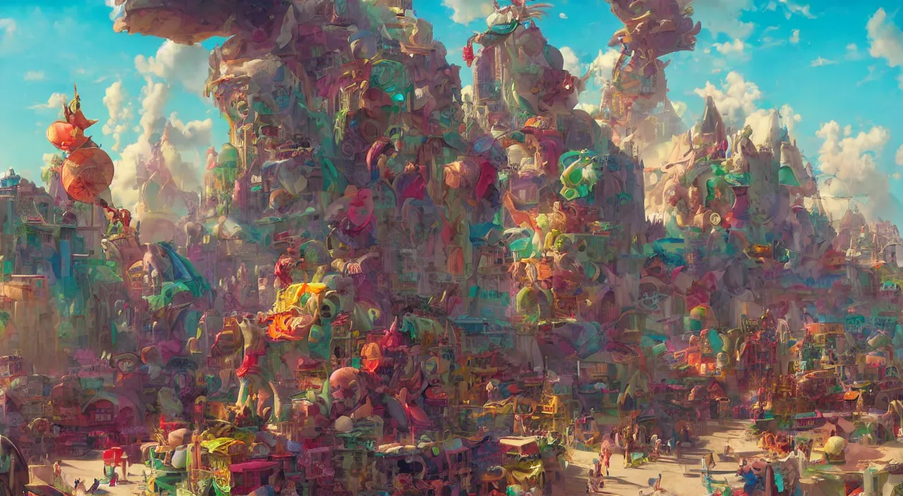 Image similar to bazaar zouk oriantal multicolorful sky shine place mosquet painting, sunny day, matte painting, bold shapes, hard edges, street art, trending on artstation, by huang guangjian and gil elvgren and sachin teng