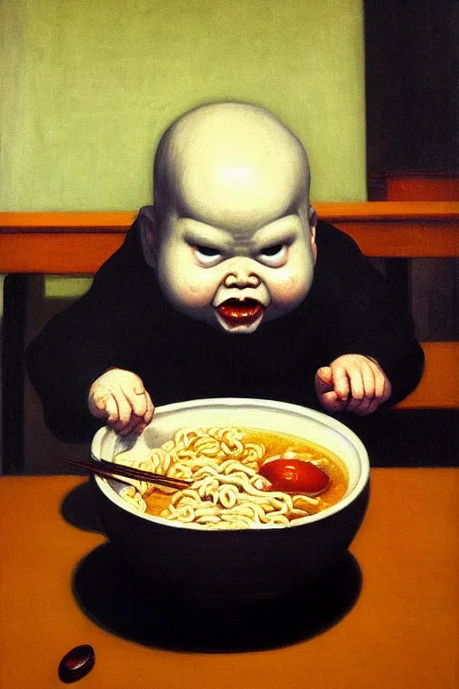 Image similar to evil and angry human giant baby eating a huge bowl of ramen in new york city, traditional chinese restaurant, hauntingly surreal, highly detailed painting by francis bacon, edward hopper, adrian ghenie, gerhard richter, and james jean soft light 4 k,