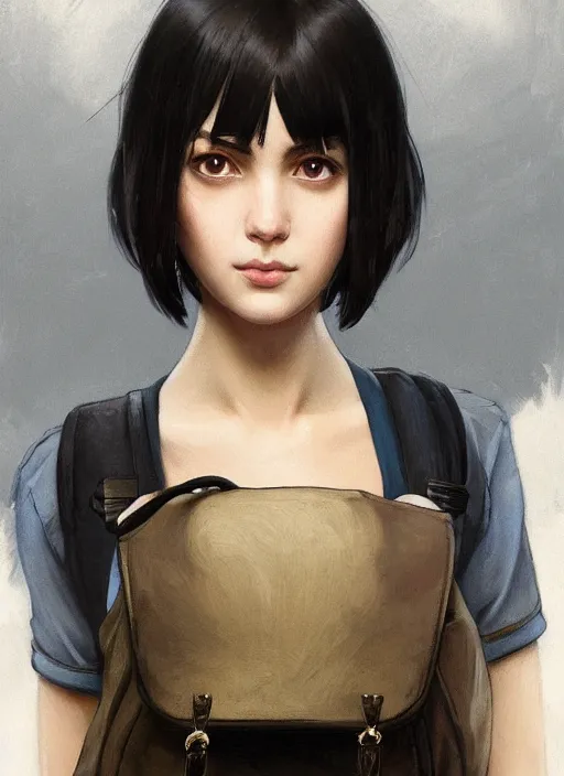 Prompt: Close-up portrait of kind young woman with short black hair in a bob cut, with a backpack, slightly dirty face, portrait, highly detailed, digital painting, artstation, concept art, sharp focus, illustration, art by artgerm and greg rutkowski and alphonse mucha