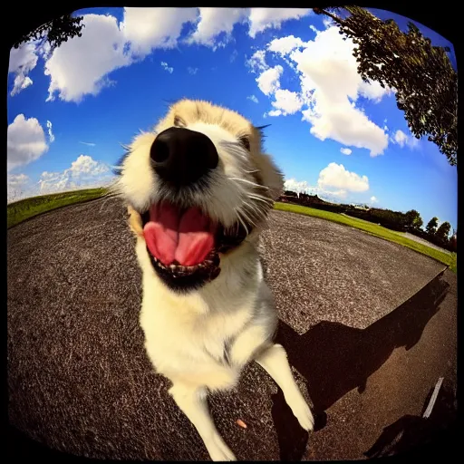 Prompt: Selfie of a dog, first-person view, fisheye lens!!!!!!, photorealistic imagery, trending on artstation, 4k, 8k