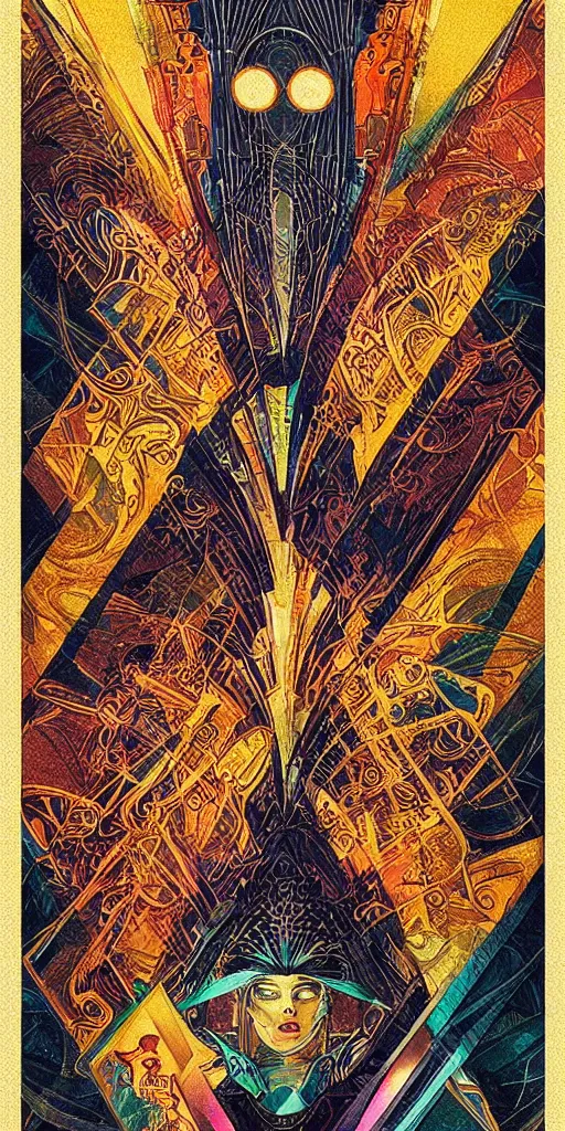 Prompt: a tarot card with an art deco boarder, by android jones