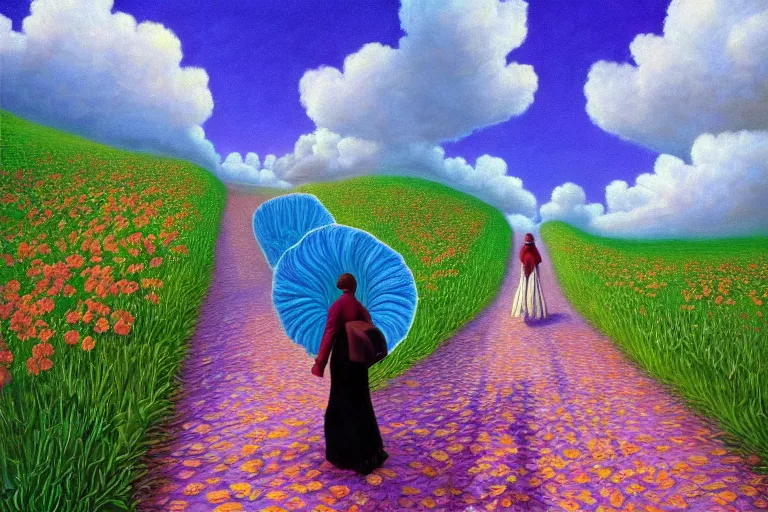 Image similar to giant flower head, woman walking, surreal, clouds in sky, impressionist painting, digital painting, artstation, rob gonsalves