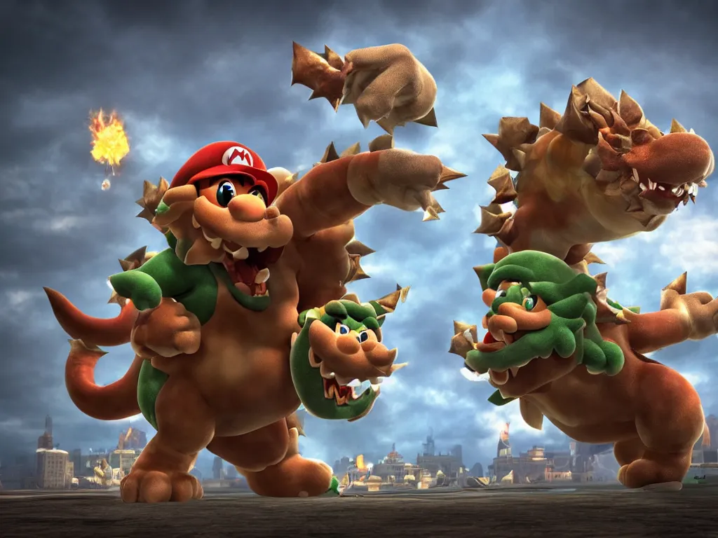 Image similar to Bowser roaring into the sky, standing upright, talons, horns, super Mario, highly detailed, unreal 5, moody atmosphere