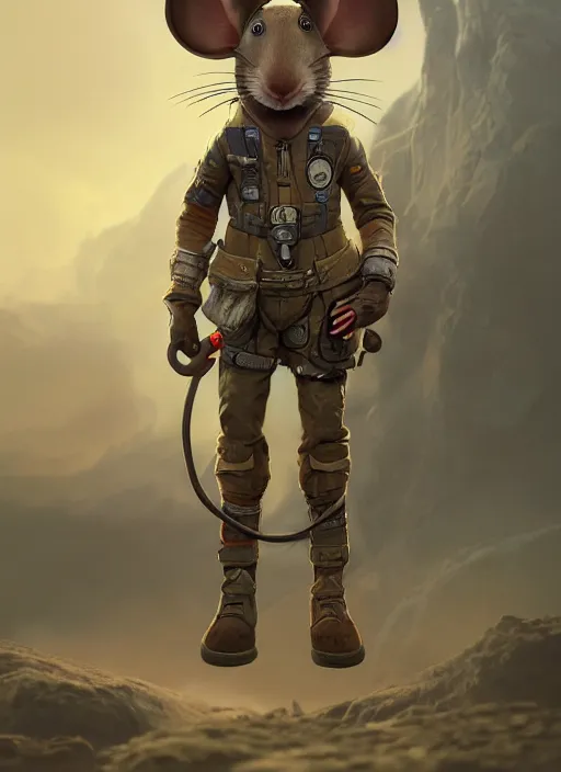 Image similar to detailed full body concept art illustration matte painting of an anthropomorphic mouse pilot in full intricate pilot clothing, ultra detailed, digital art, octane render, 4K, dystopian, micro details