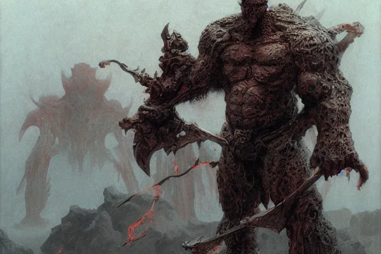 Prompt: balrog concept art, glad in hellish armor, wielding hellish axe, horned, winged, muscular body, wide shot, wide angle, beksinski, ruan jia, wayne barlowe, lord of the ring art