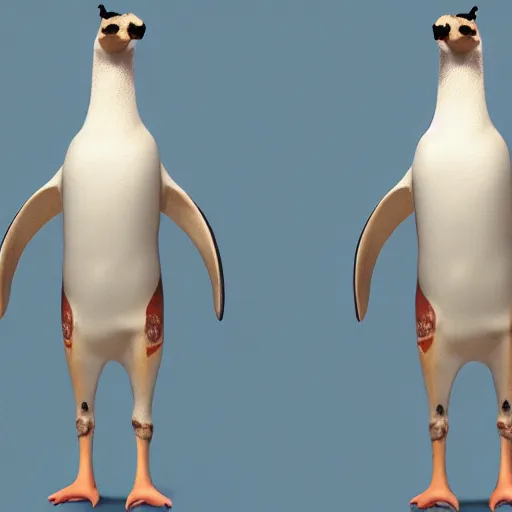 Image similar to a character design of a mix hybdrid between a penguin body, a giraffe neck, hyperdetailed mix, photomanipulation