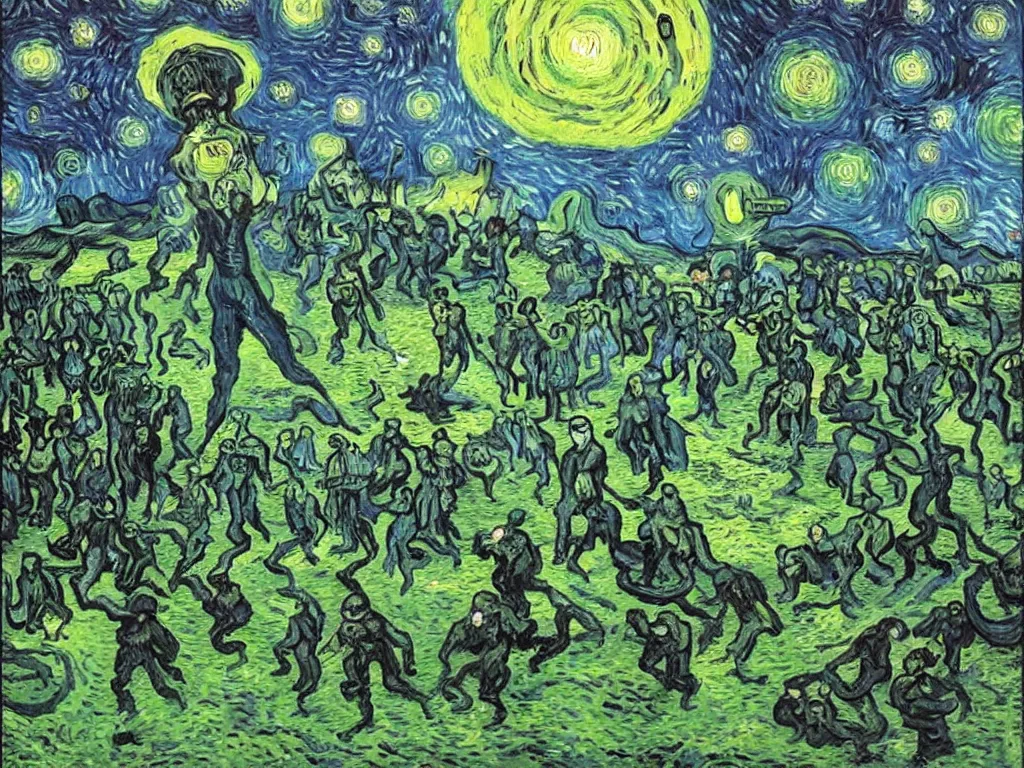 Prompt: bright beautiful oil painting of space aliens abducting people from arles france with a glowing green light, light scatter, van gogh