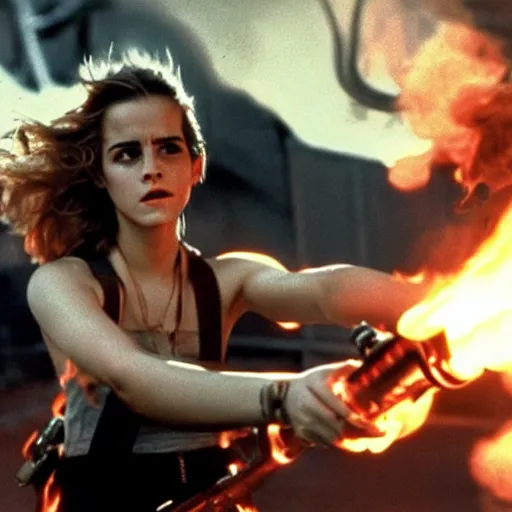 Prompt: film still of Emma Watson holding a flamethrower in Alien 1979, 4k