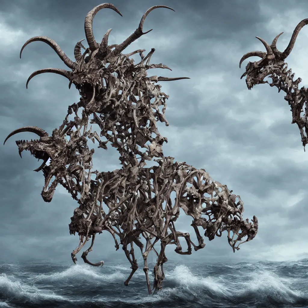 Prompt: The skeleton of a two-headed goat god rising from the ocean, highly detailed digital matte painting, trending on artstation, cinematic lighting