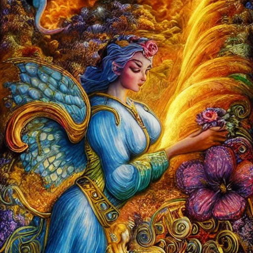 Prompt: goddess riding flying golden ram by josephine wall, trending on artstation, checking her phone, erupting volcano in distance, flowers in foreground, sunset, stars in sky, fantasy, 8 k