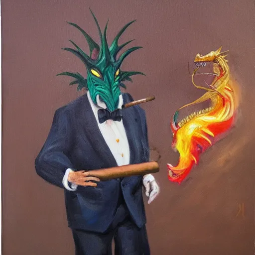 Image similar to oil painting of a dragon wearing a suit and smoking a cigar