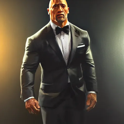 Prompt: an oil painting of dwayne johnson wearing wearing a fancy elegant suit, by artgerm, hd, hdr, ue 5, ue 6, unreal engine 5, realistic anime 3 d style, cinematic 4 k wallpaper, 8 k, ultra detailed, gta cover art, high resolution, artstation, award winning