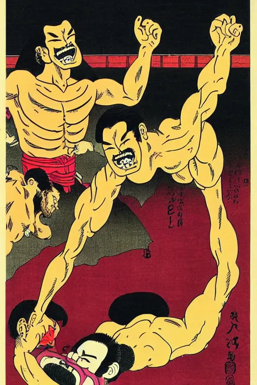 Image similar to antonio inoki crushes a bus with his bare hands, ukiyo - e art by ed roth and basil wolverton ), crisp