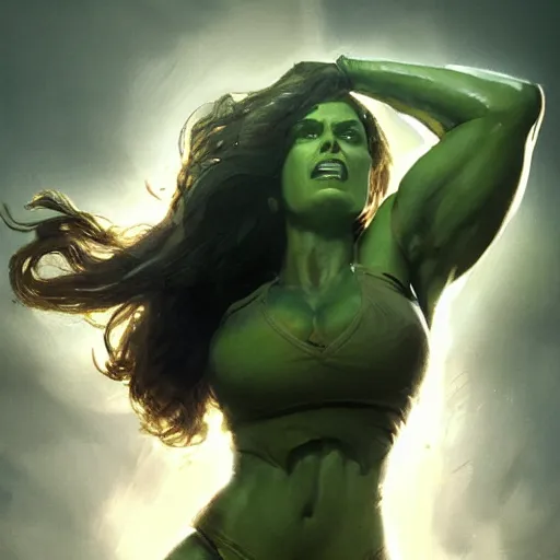 Prompt: she hulk, played by scarlett johannson, beautiful, cinematic, head and shoulders, striking pose, by greg rutkowski