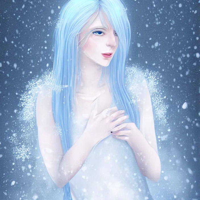 Image similar to full body portrait of a woman with pale blue hair wearing a long white dress made out of snowflake in the middle of a heavy snowstorm. she looks almost dead because of how pale she is. digital art by maromi sagi