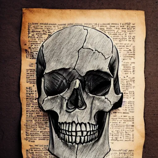 Image similar to drawing of a skull on old torn paper, dramatic lighting, ultra detail, creepy, book cover