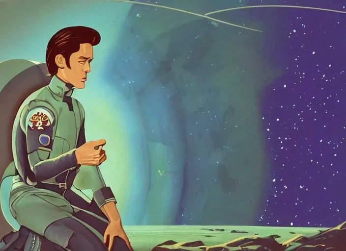 Image similar to a portrait of Alain Delon pilot in spacesuit posing on field forrest spaceship station landing laying lake artillery outer worlds shadows in FANTASTIC PLANET La planète sauvage animation by René Laloux