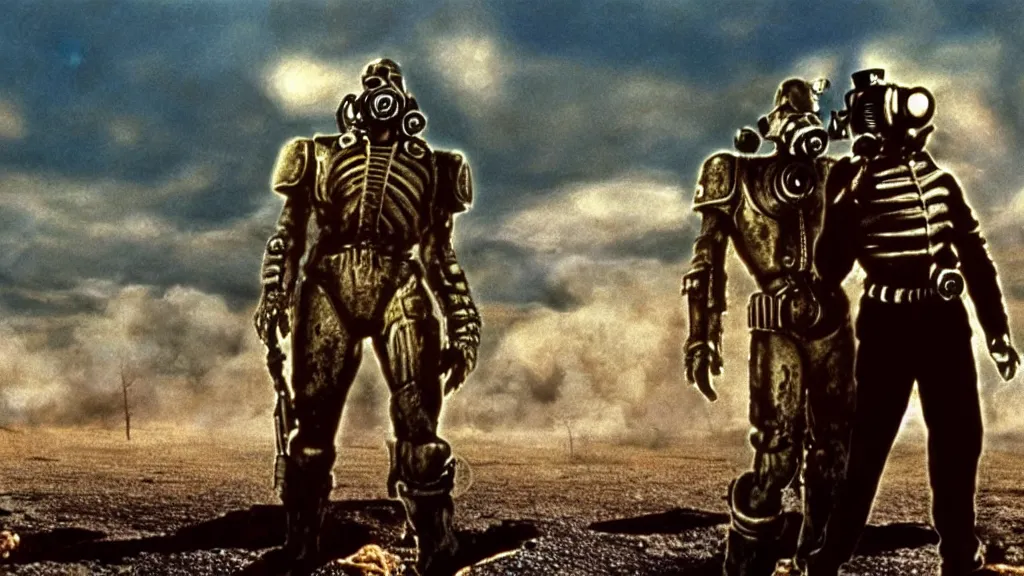 Image similar to fallout 2, film still from the movie directed by Denis Villeneuve with art direction by Salvador Dalí, wide lens, 1975