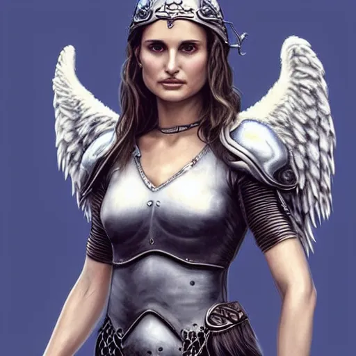 Image similar to portrait of Natalie Portman as a young aasimar angel valkyrie warrior girl maiden wearing comfy leather armor with beautiful feathered angel wings, blue eyes, beautiful face, Emily Ratajkowski, innocent, intricate, elegant, highly detailed, ultradetailed, hyperdetailed, artstation, concept art, smooth, sharp focus, illustration, art by artgerm and greg rutkowski and Rossdraws and Bluesssatan and Mandy Jurgens and alphonse mucha