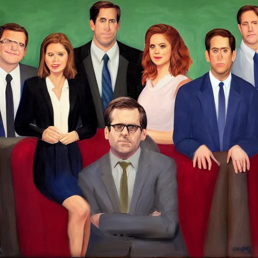 Image similar to the cast of the office, steve carell, jenna fischer, john krasinski, rainn wilson, portrait painting by edward hopper