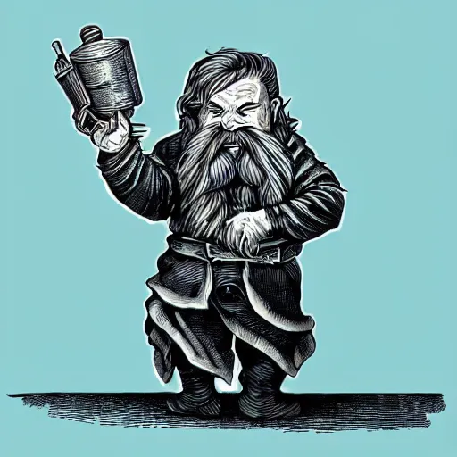 Image similar to dwarf with beard, holding a bomb, dnd, high detail, fantasy, in the style of vintage antique illustration and line drawing or engraving