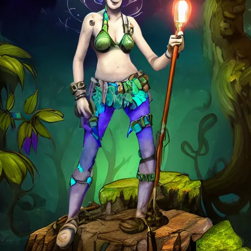 Prompt: a battle - scarred female adventurer, bioluminescence, friendly and smiling, fantasy, jungle exploration