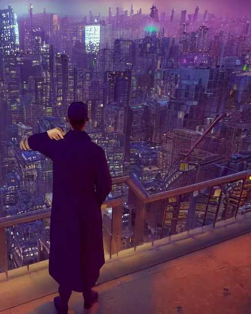 Image similar to an unreal engine 3d render of a night rooftop scene, neon lights in the city below, close up shot of a photorealistic gangster wearing a trench coat looking at the city below, global illumination