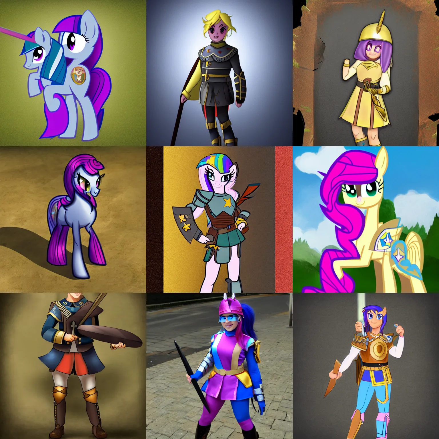 Prompt: my little pony character cosplaying a roman soldier, refracted lighting, high quality