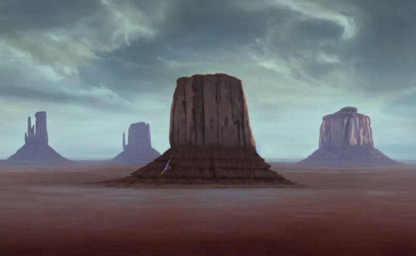 Prompt: hyperrealist painting of an giant trapezoid from independence day ( 1 9 9 6 ) in a flooded monument valley stonehenge. 1 9 7 0 s science fiction, moody, misty, depth perception, 4 k, artstation, in the style of studio ghibli