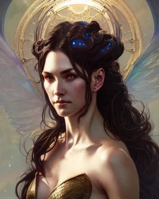 Image similar to d & d nova callisto race, fantasy character portrait, ultra realistic, intricate, elegant, highly detailed, digital painting, artstation, smooth, sharp, focus, illustration, art by artgerm and greg rutkowski and alphonse mucha