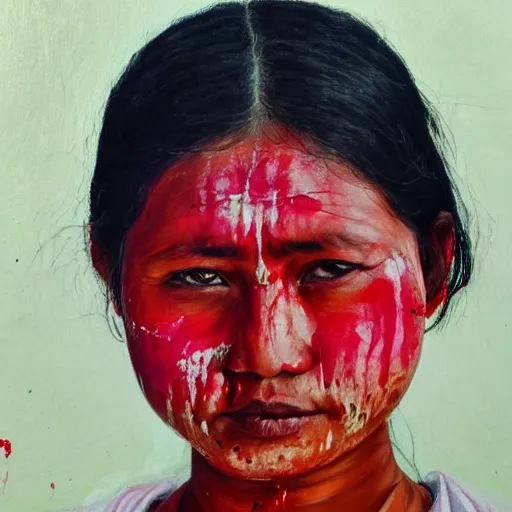 Image similar to a nepali woman wearing a white shawl, sad, bloody, oil painting