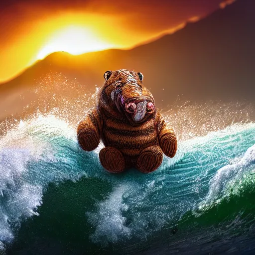 Image similar to a closeup photorealistic photograph of a cute smiling knitted tiger hippopotamus riding an epic wave at sunset. surf in the background. professional capture. brightly lit scene. this 4 k hd image is trending on artstation, featured on behance, well - rendered, extra crisp, features intricate detail, epic composition and the style of unreal engine.