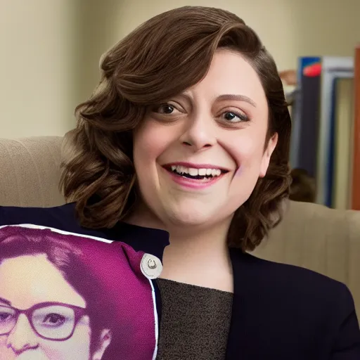 Image similar to rachel bloom as a lady boss crying into a ruth bader ginsberg pillow in her office, ultra detailed, 8 k resolution, ultrarealistic