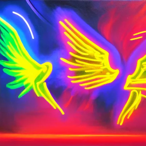 Image similar to Humans with wings flying to a neon light, oil painting