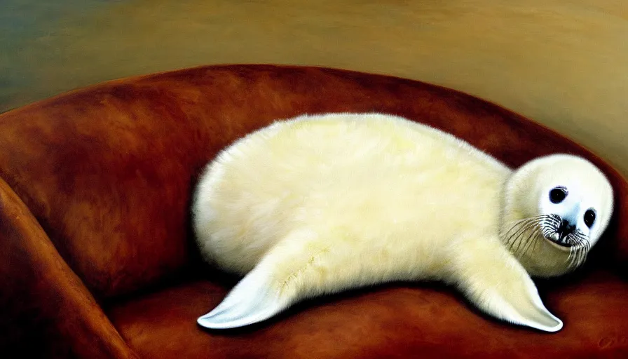 Image similar to highly detailed painting of cute furry white baby seal pupd cuddling up on a brown leather sofa with ice by william turner, thick brush strokes and visible paint layers, 4 k resolution, lounge background