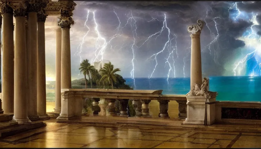 Prompt: Palace of the occult, mediterranean balustrade and columns, refracted sparkles, thunderstorm, greek pool, beach and Tropical vegetation on the background major arcana sky and occult symbols, by paul delaroche, hyperrealistic 4k uhd, award-winning, very detailed paradise