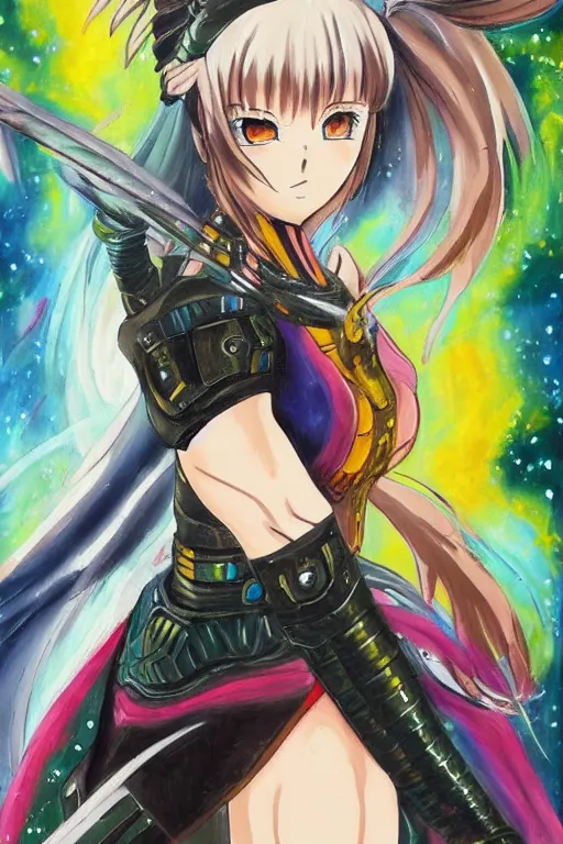 Prompt: a detailed painting in the style of anime of a galactic female warrior in armor