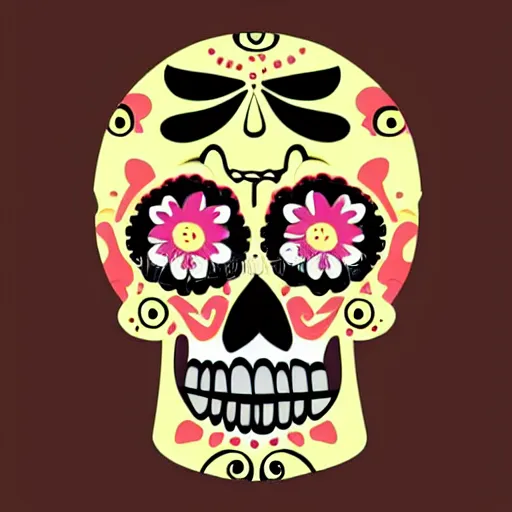 Image similar to cute cartoon drawing of a mexican skull, dia de los muertos, big head, big eyes, skull head, vector illustration, style of disney animation