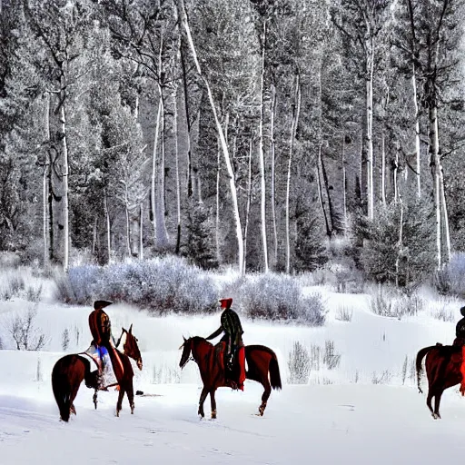 Prompt: digital art photograph savage plains indians on the warpath riding horses through some aspen trees in the snow