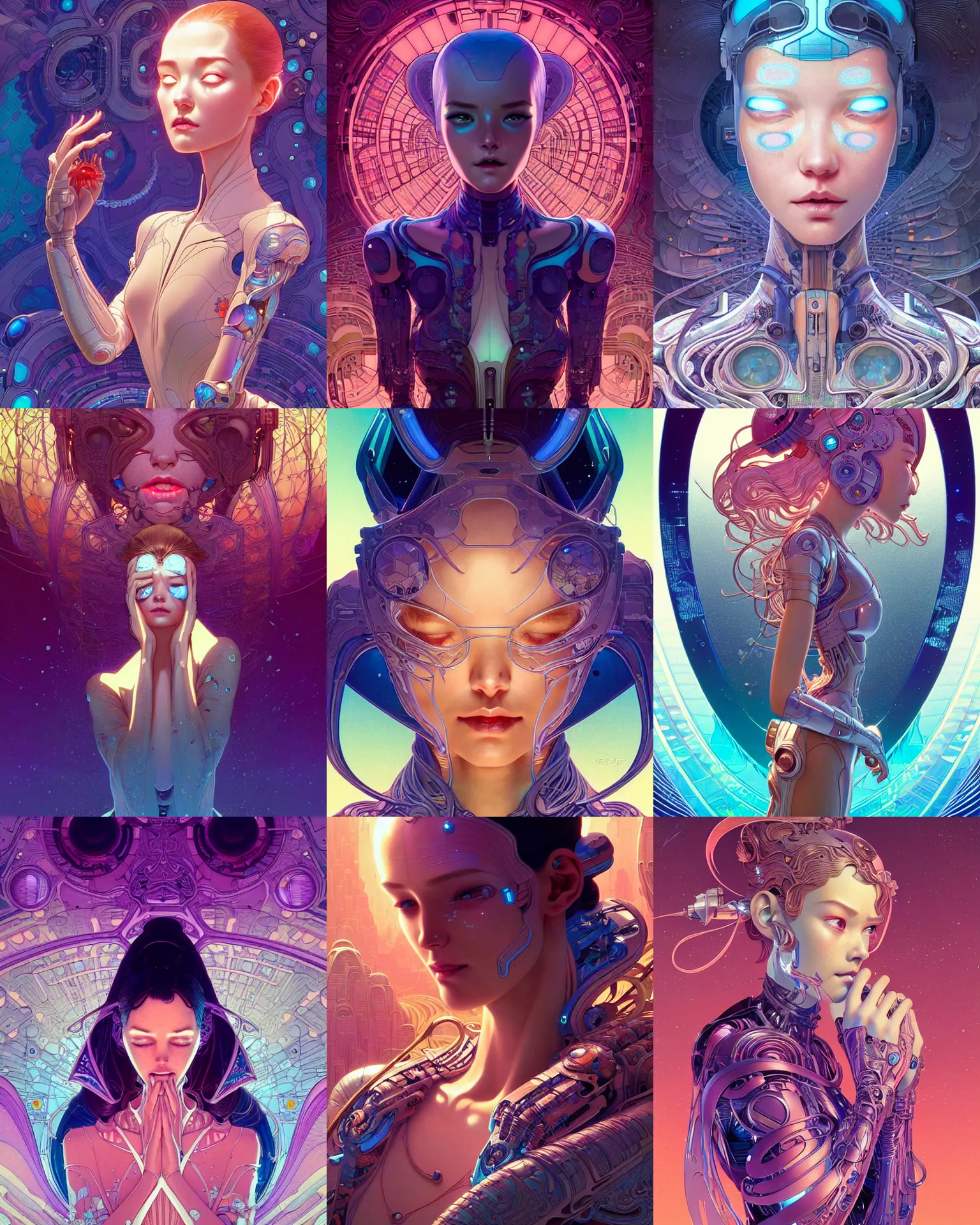 Prompt: ultra detailed, beautiful female android in tears, crying. scifi, fantasy, intricate detailed environment, global illumination, vector art, concept art, digital illustration. by james jean and moebius and artgerm and wlop and ( rossdraws ) and liam brazier and jean giraud and victo ngai and tristan eaton and alphonse mucha.