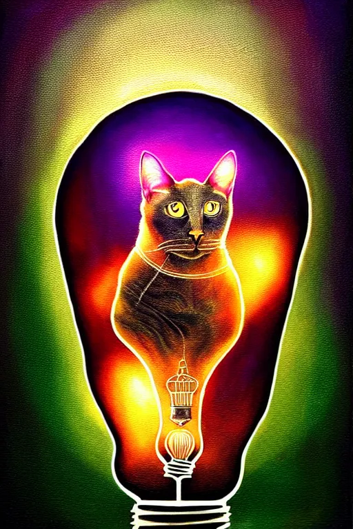 Image similar to portrait of an ethereal cat inside a light bulb, modern fine art, lithe, dreamscape, intricate, elegant, subsurface scattering, highly detailed, pop art painting, organic acrylic flow art, psychedelic surreal art, acrylic art, watercolor, featured on deviantart, cgsociety