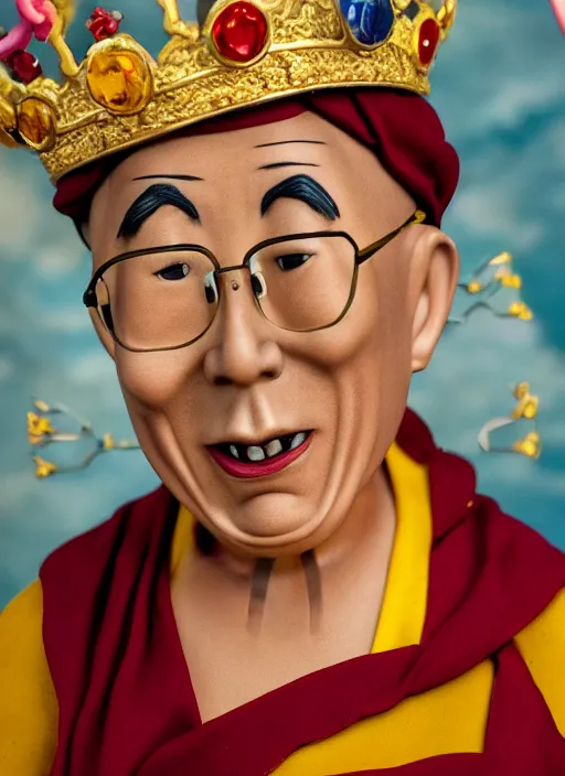 Image similar to closeup face profile portrait of tin toy dalai lama as a fairytale prince wearing a crown eating cakes, depth of field, zeiss lens, detailed, symmetrical, centered, fashion photoshoot, by nicoletta ceccoli, mark ryden, lostfish, breathtaking, 8 k resolution, extremely detailed, beautiful, establishing shot, artistic, hyperrealistic, octane render