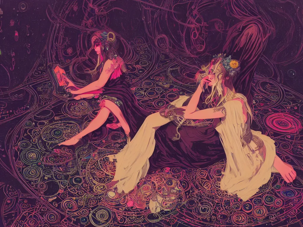 Prompt: high angle picture of a maximalist dress witch sitting on the floor and researching about the azathoth, extremely beautiful and aesthetic and detailed cute face, very huge magic circles on the hand, with familiar sprites, in the magic room, chiaroscuro, intricate, masterpiece, fantasy illustrations by ilya kuvshinov and jeremy lipking and quentin mabille