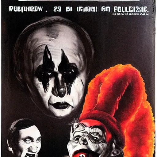 Image similar to Putin is serial killer devil in vintage horror movie poster of Putin is clown