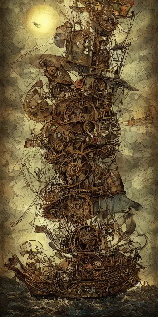 Prompt: a detailed digital painting of a steampunk pirate ship by alexander jansson and where's waldo and leonardo da vinci