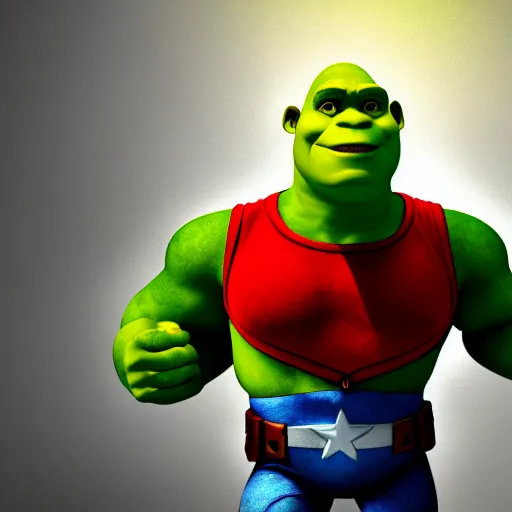 Image similar to digital painting of Shrek as Captain America, octane render, volumetric lightening, by marvel