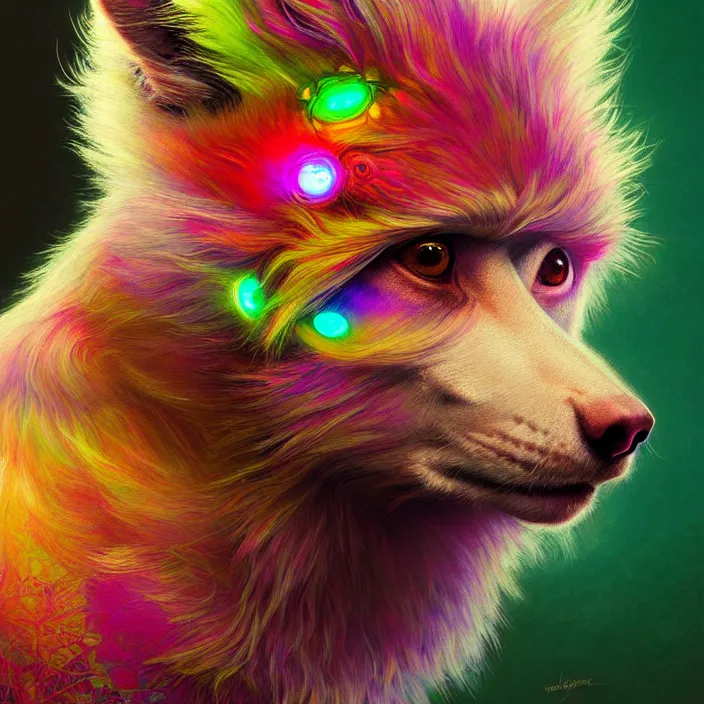 Prompt: bright psychedelic fluffy hairy animal cyborg, diffuse lighting, fantasy, intricate, elegant, highly detailed, lifelike, photorealistic, digital painting, artstation, illustration, concept art, smooth, sharp focus, art by John Collier and Albert Aublet and Krenz Cushart and Artem Demura and Alphonse Mucha